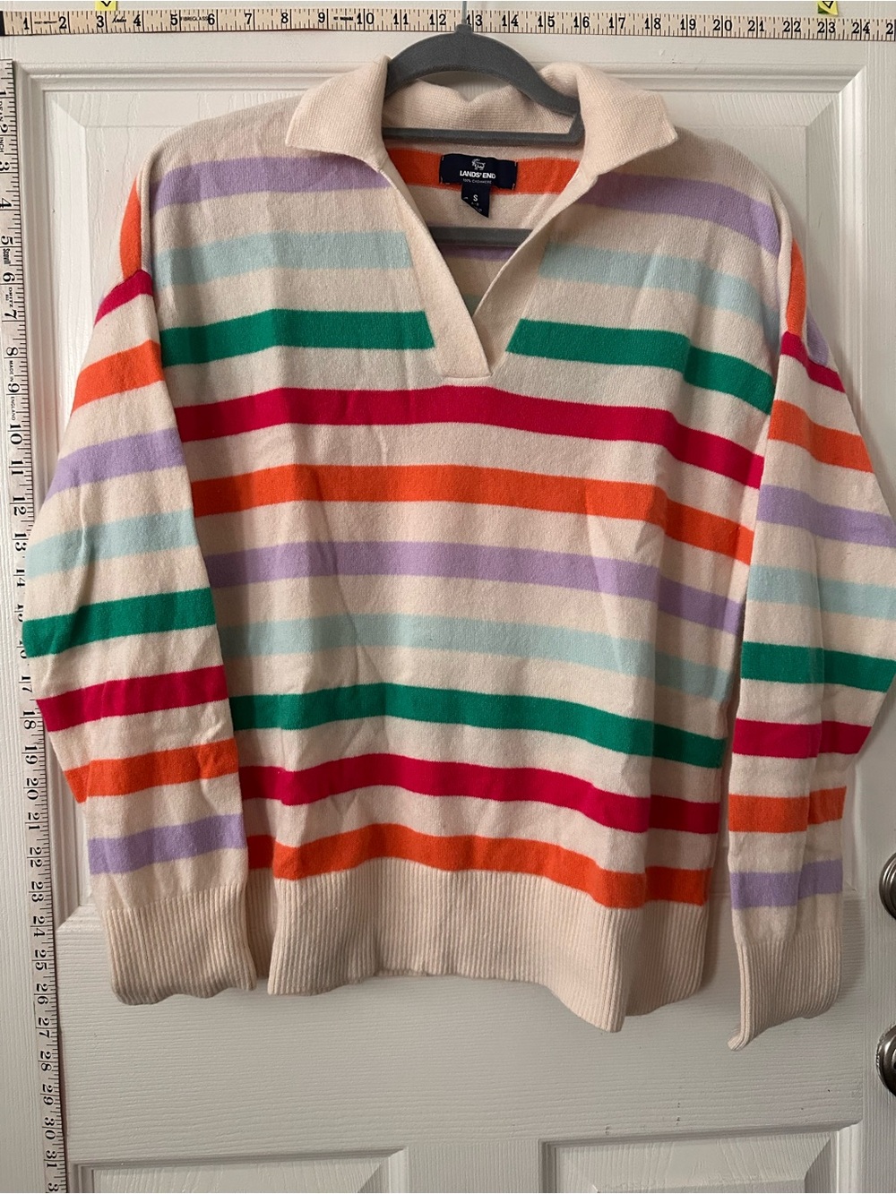Lands' End Cream V-Neck Sweater with Green, Red, Orange & Purple Stripes
